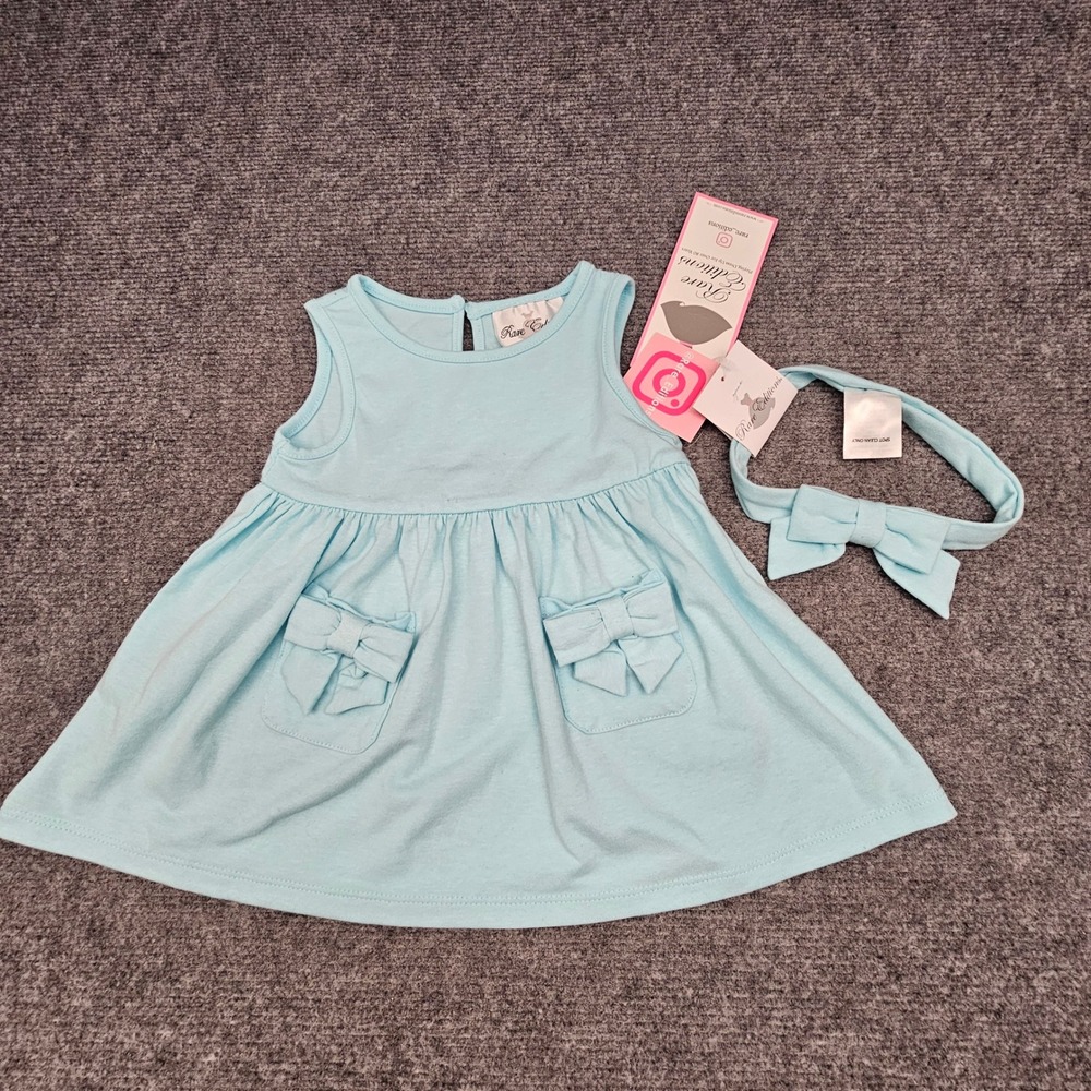 Rare Editions Dress Baby Girls 6-9M Blue Bow Pocket Sleeveless Headband Set